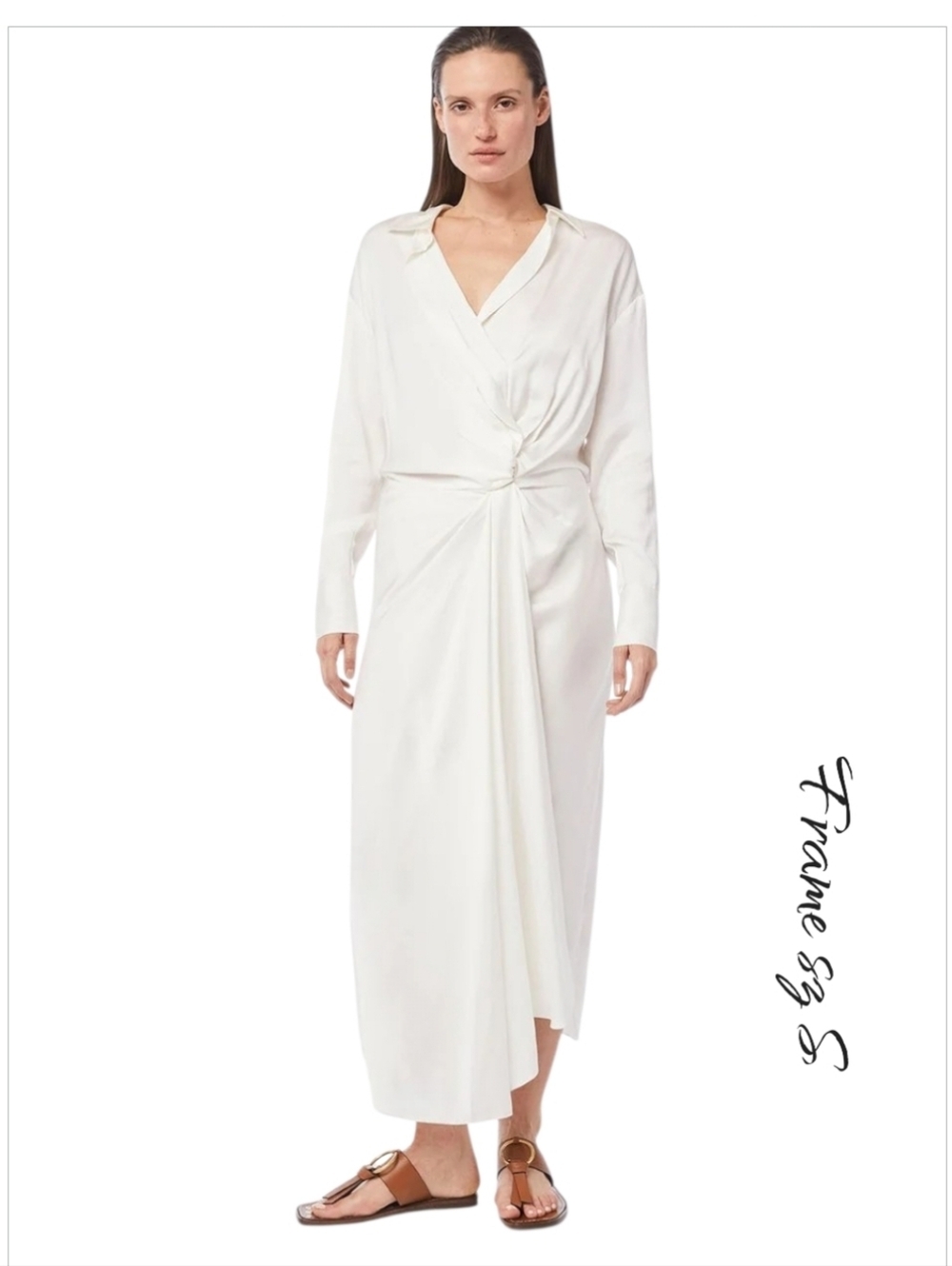 FRAME Twisted Wrap Shirt Dress Off White Satin Midi Asymmetric Small